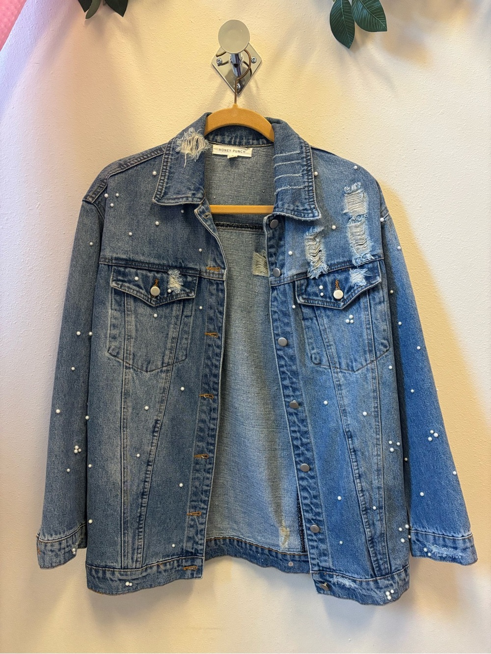 Honey Punch Pearl-Embellished Distressed Blue Denim Jacket
